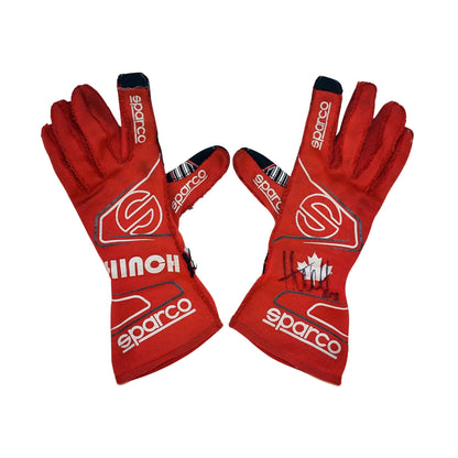 Red James Hinchcliffe 2018 IndyCar race gloves with Sparco branding on a white background