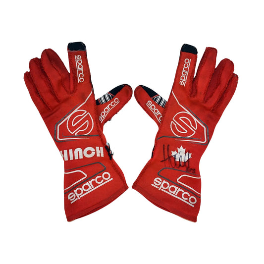 Red James Hinchcliffe 2018 IndyCar race gloves with Sparco branding on a white background
