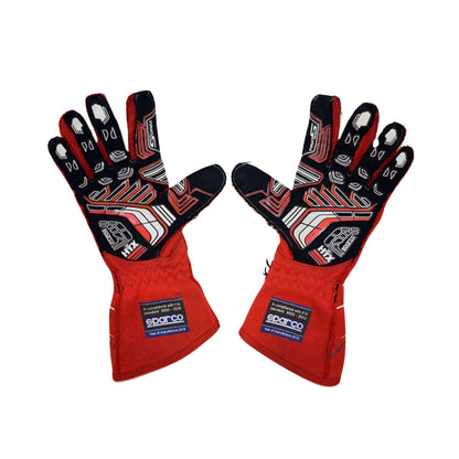 Red and black James Hinchcliffe 2018 IndyCar race gloves with Sparco branding on a white background