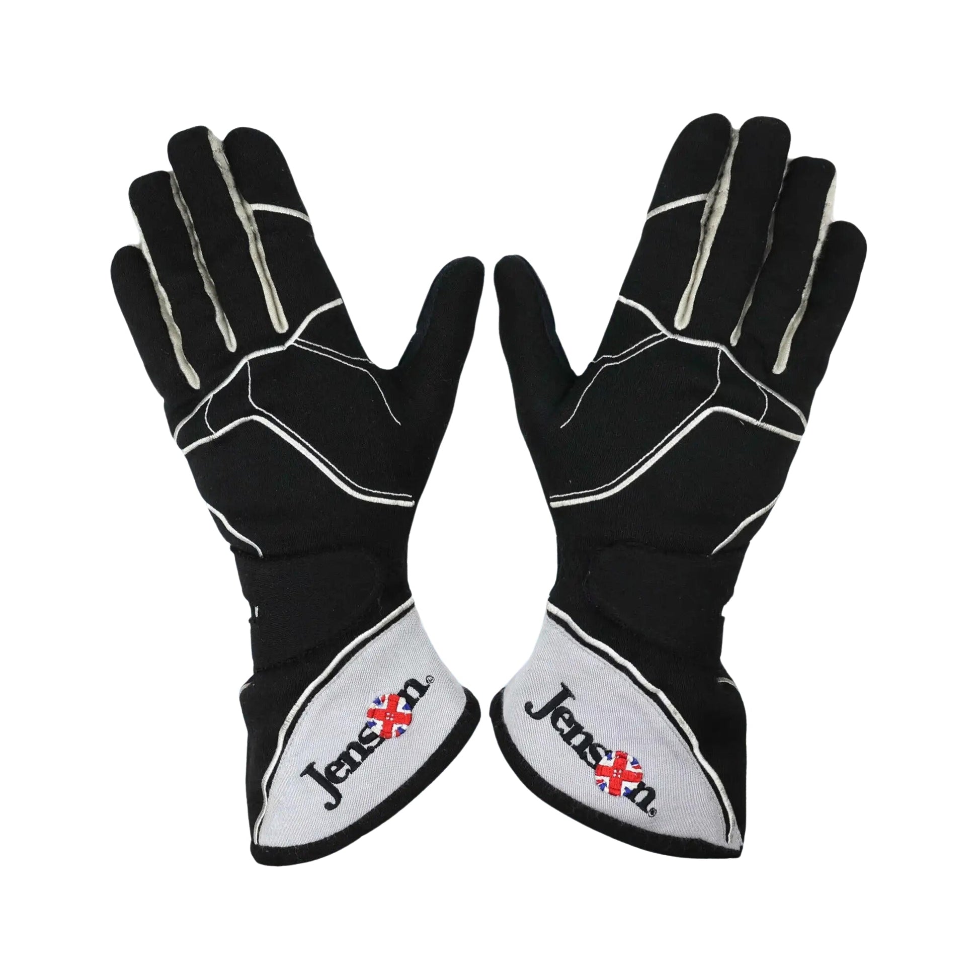 Pair of black and white Jenson Button 2015 F1 Race gloves with 'Jensen' branding on a white background