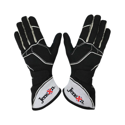 Pair of black and white Jenson Button 2015 F1 Race gloves with 'Jensen' branding on a white background