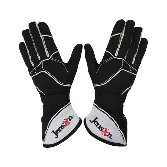 Pair of black and white Jenson Button 2015 F1 Race gloves with 'Jensen' branding on a white background