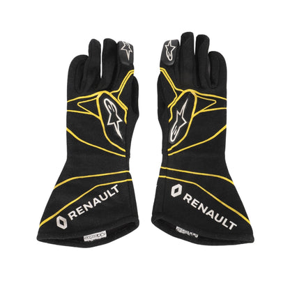 Kevin Magnussen, 2016 Black F1 race gloves with yellow accents and Renault branding on a white background