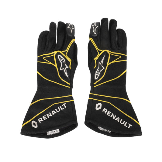 Kevin Magnussen, 2016 Black F1 race gloves with yellow accents and Renault branding on a white background