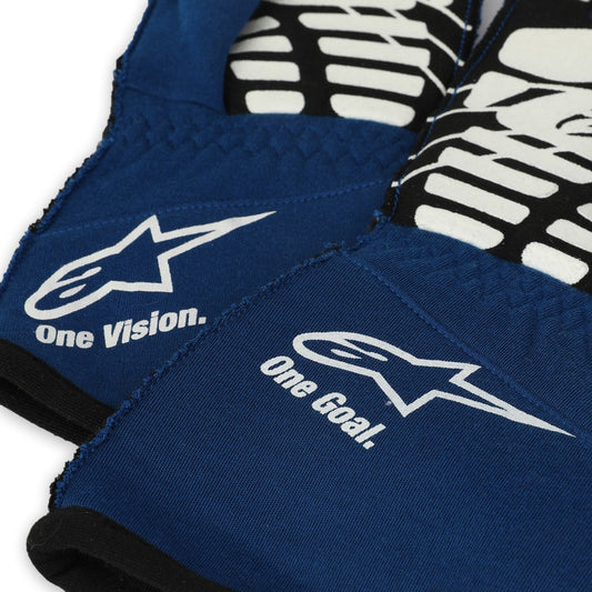 Kevin Magnussen 2022 F1 Race Gloves Blue protective gear with 'one Vision' and 'One Goal' text and logo on a white background