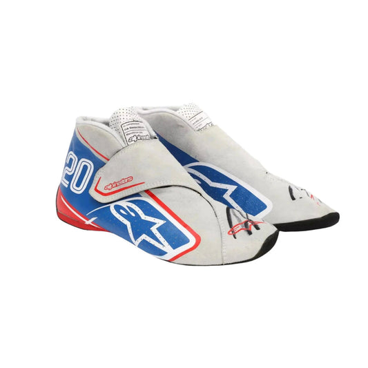 Pair of gray Kevin Magnussen 2022 Italian GP Special Edition F1 Racing shoes with blue and red accents on a white background