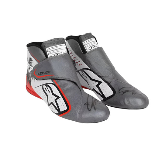Pair of gray Kevin Magnussen 2023 Miami GP F1 Race shoes with red accents on a white background