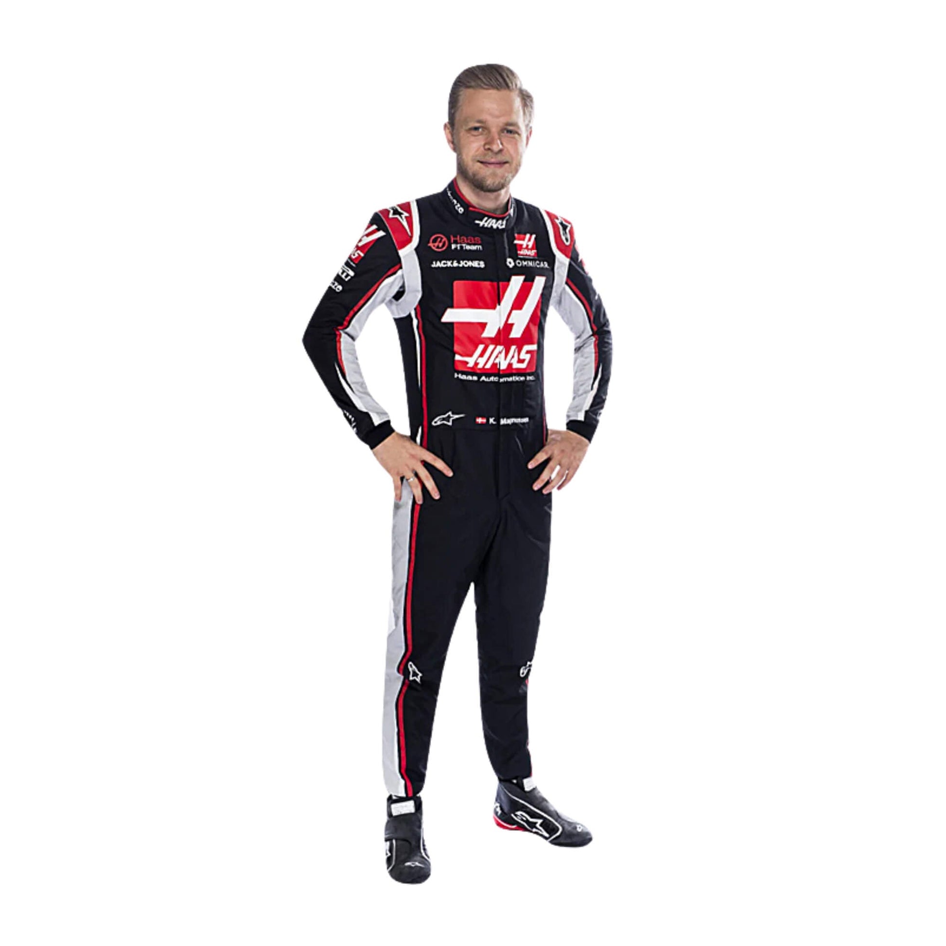 Kevin Magnussen 2018 F1 suit front view, black and red contrast with full sponsor panel and pro racing fit.