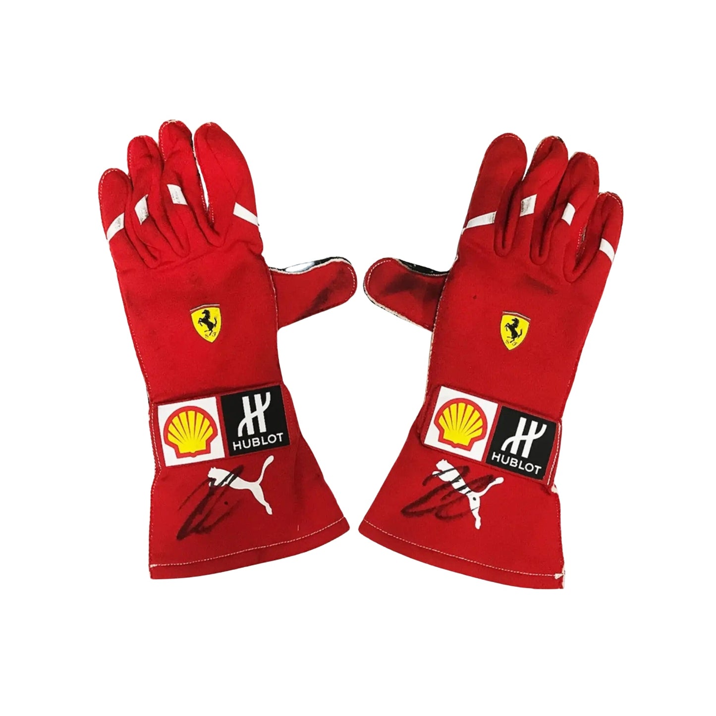 Red Kimi Räikkönen 2018 F1 race gloves with sponsor logos on a white background