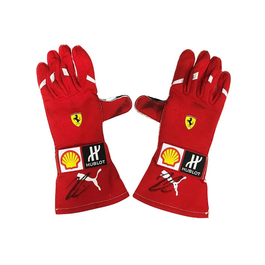 Red Kimi Räikkönen 2018 F1 race gloves with sponsor logos on a white background