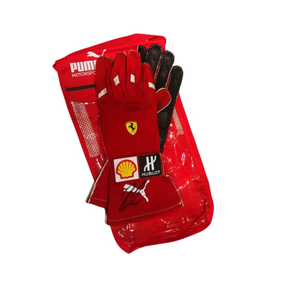 Red Kimi Räikkönen 2018 F1 race gloves with logos on a white background