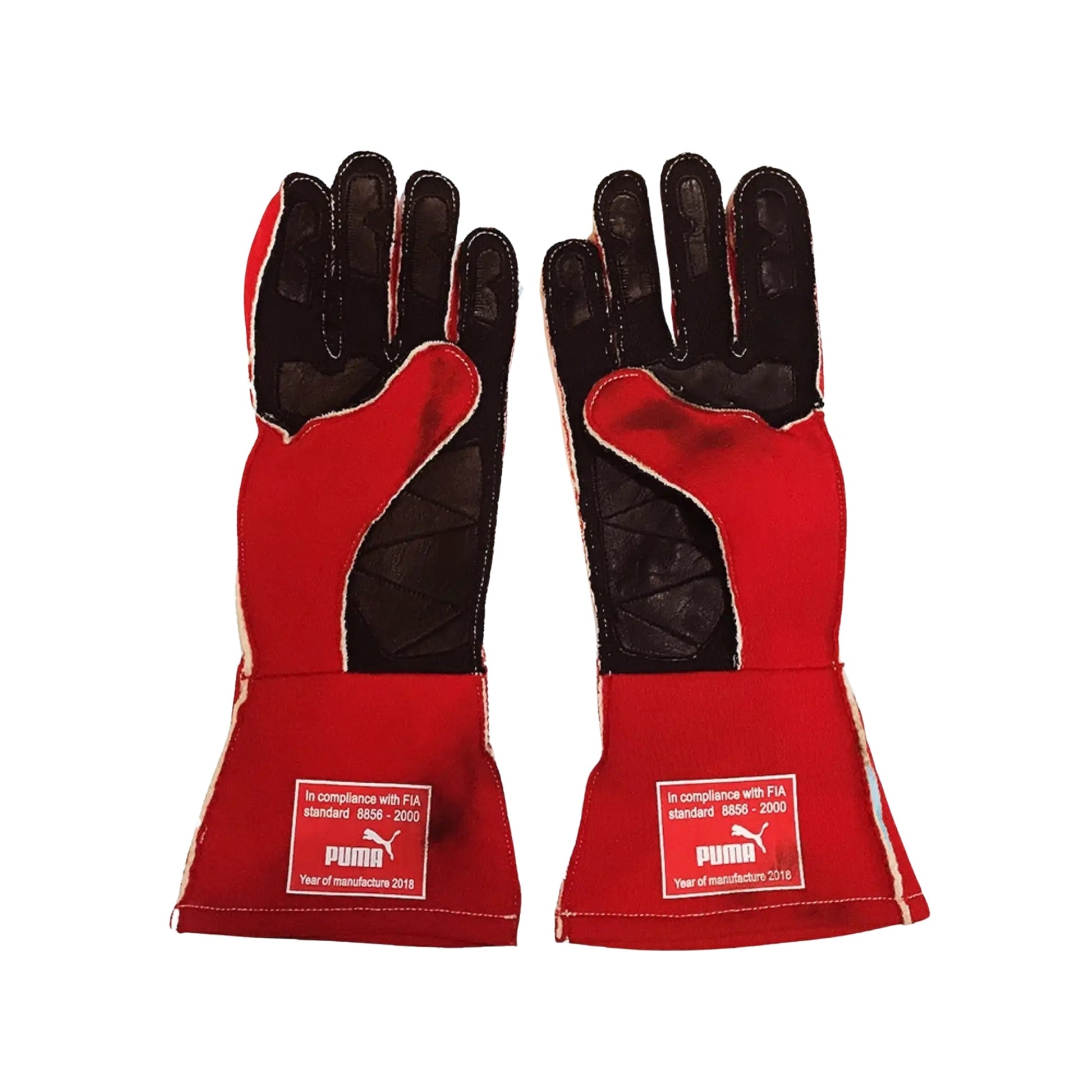 Red and black Kimi Räikkönen 2018 F1 race gloves with Puma branding on a white background