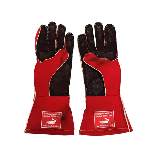 Red and black Kimi Räikkönen 2018 F1 race gloves with Puma branding on a white background
