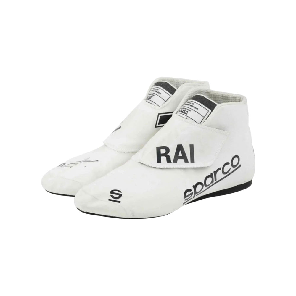 White Kimi Räikkönen 2021 F1 racing shoes with 'Sparco' and 'RAI' branding on a white background