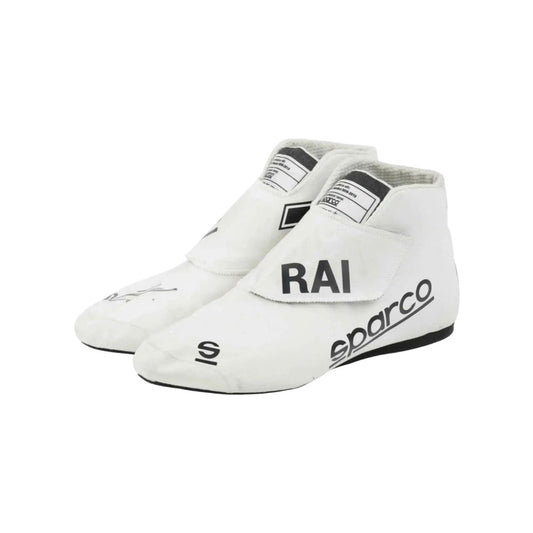 White Kimi Räikkönen 2021 F1 race shoes with 'Sparco' and 'RAI' branding on a white background