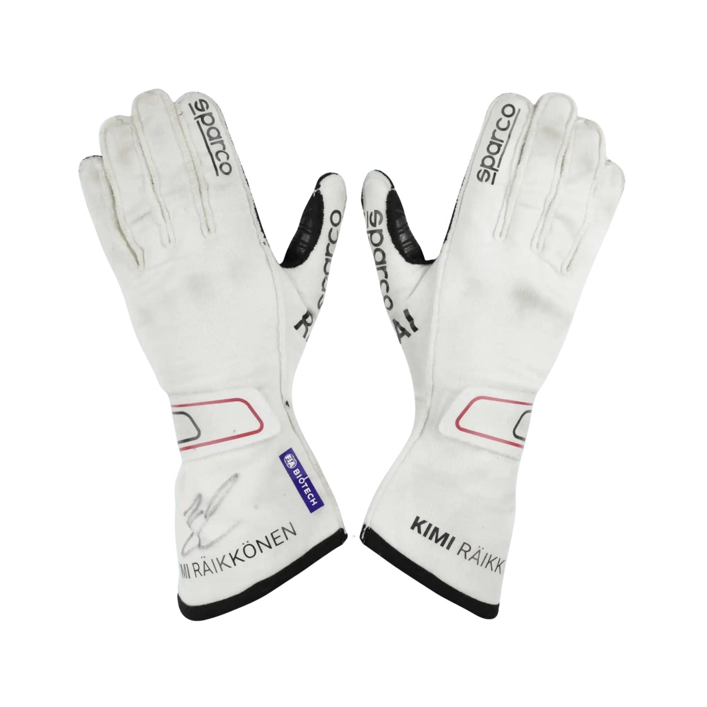 White Kimi Räikkönen 2021 F1 race gloves with branding on a white background