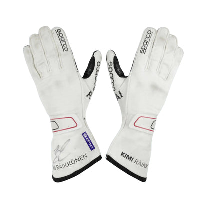 White Kimi Räikkönen 2021 F1 race gloves with branding on a white background