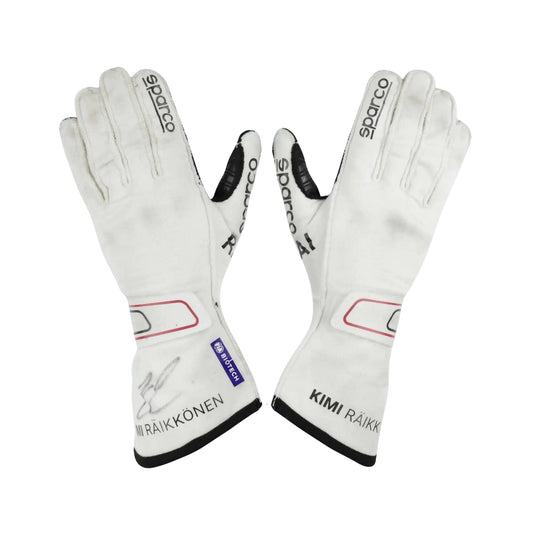 White Kimi Räikkönen 2021 F1 race gloves with branding on a white background