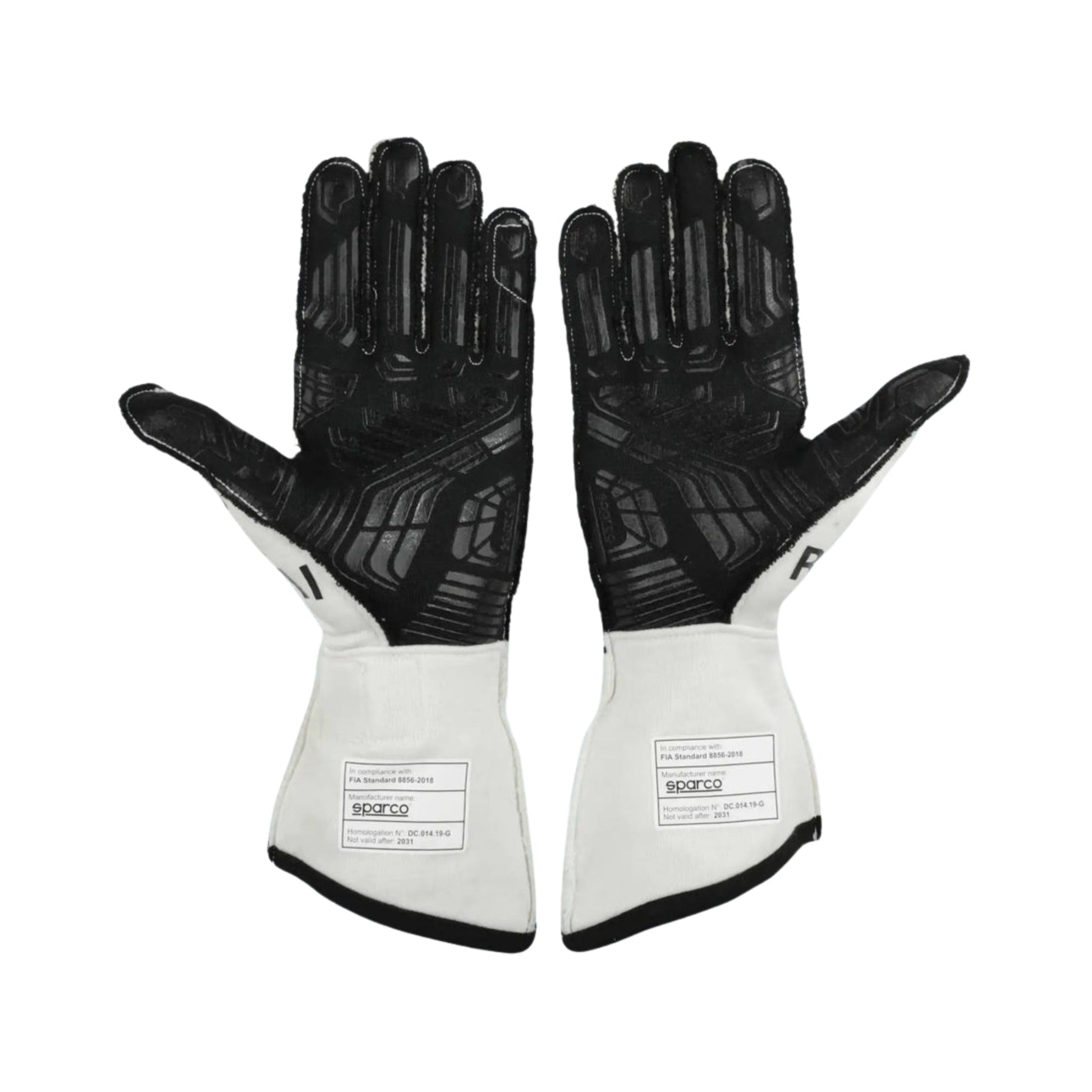 Pair of black and white Kimi Räikkönen 2021 F1 race gloves with 'Sparco' branding on a white background