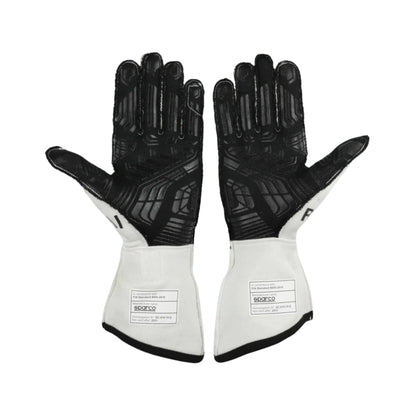 Pair of black and white Kimi Räikkönen 2021 F1 race gloves with 'Sparco' branding on a white background
