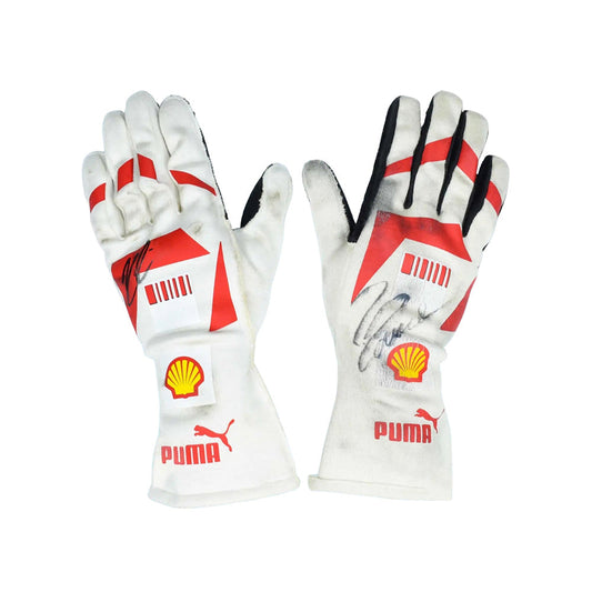 Pair of white Kimi Räikkönen / Felipe Massa 2008 F1 Race gloves with red and black accents, featuring Puma and Shell logos on a white background.