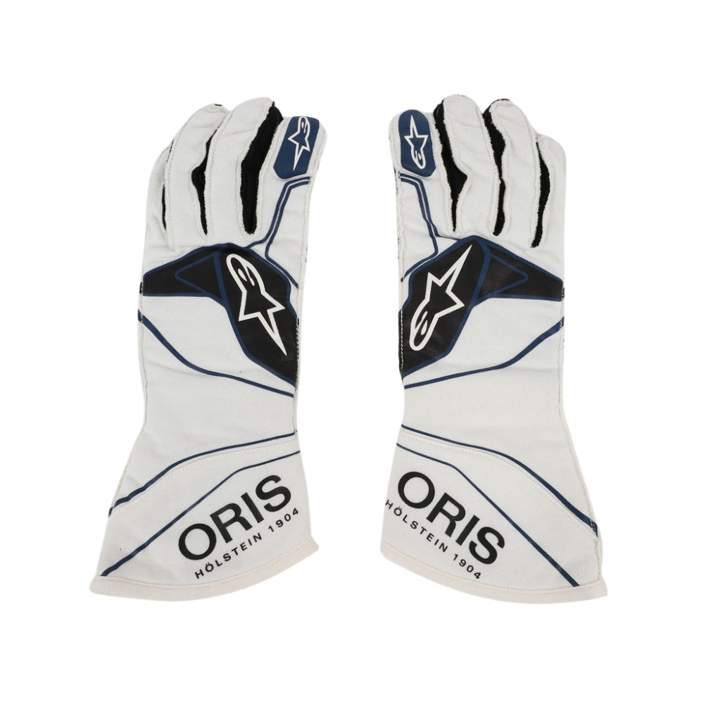 Pair of white Lance Stroll 2018 F1 race gloves with black and blue accents and 'Oris' branding on a white background.