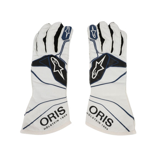 Pair of white Lance Stroll 2018 F1 race gloves with black and blue accents and 'Oris' branding on a white background.