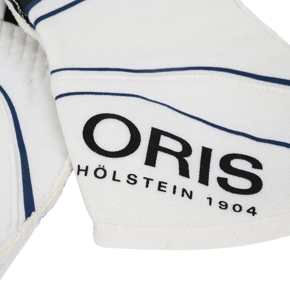 Close-up of a Lance Stroll 2018 white F1 Race glove with 'Oris' branding on a white background