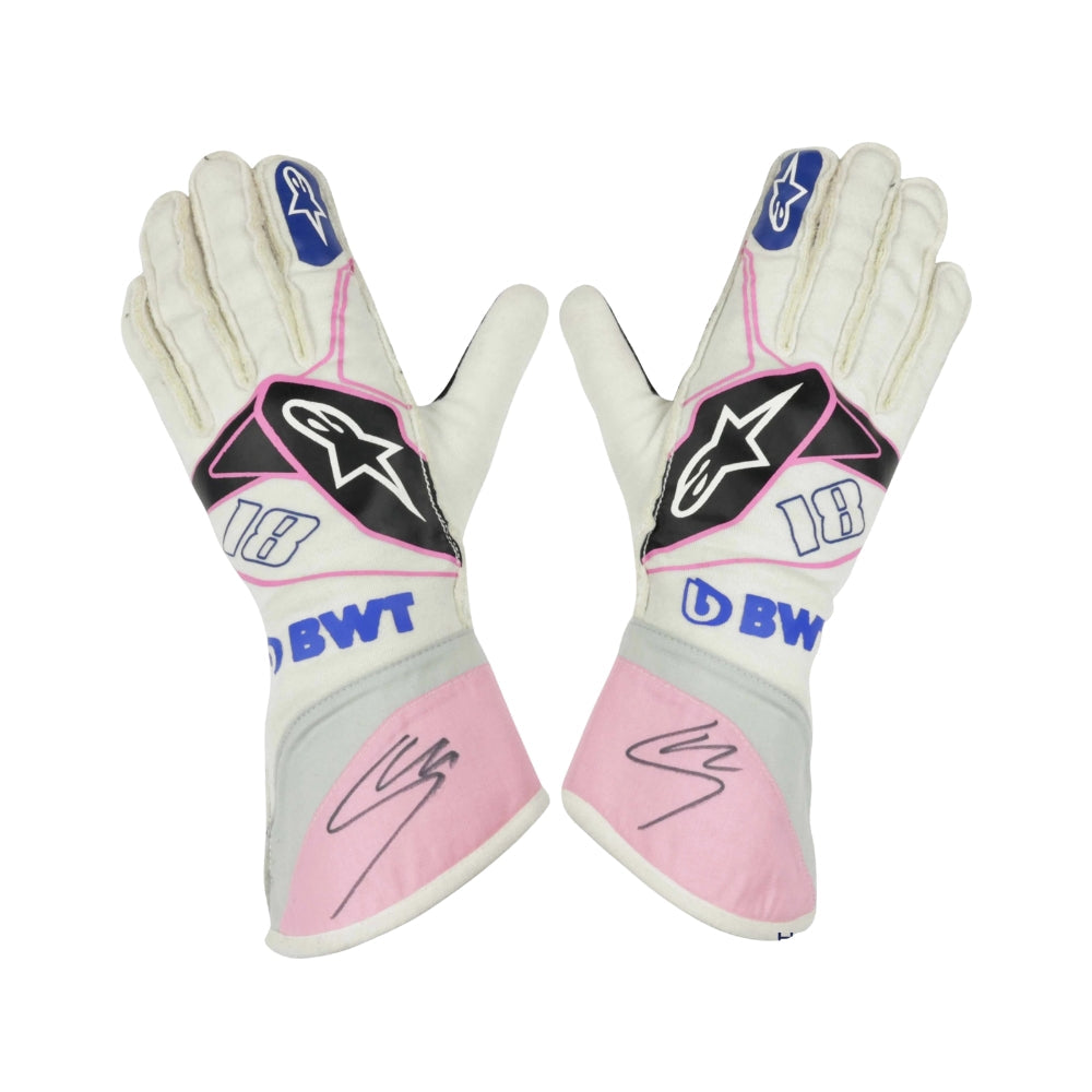 Pair of white and pink Lance Stroll 2019 F1 Race gloves with visible branding on a white background