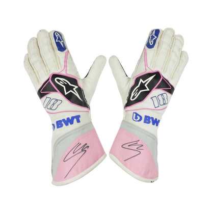 Pair of white and pink Lance Stroll 2019 F1 Race gloves with visible branding on a white background