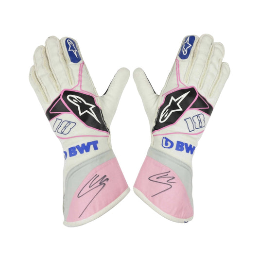 Pair of white and pink Lance Stroll 2019 F1 Race gloves with visible branding on a white background