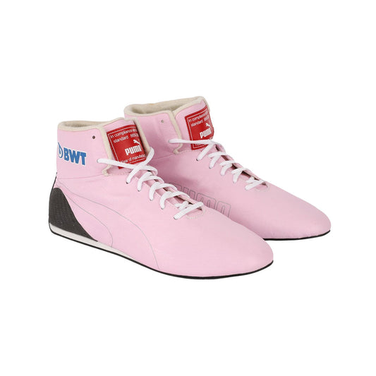 Pink high-top Lance Stroll 2019 F1 Racing sneakers with white laces on a white background