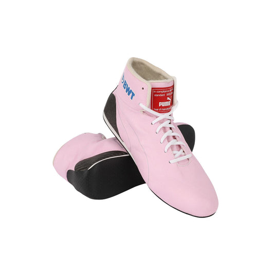 Pink high-top Lance Stroll 2019 F1 Racing sneakers with black soles on a white background