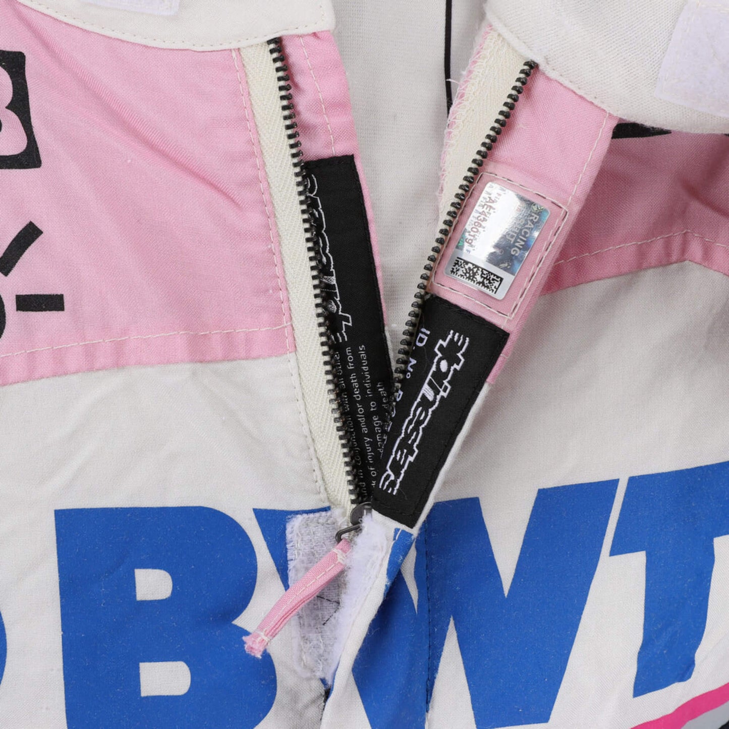 Lance Stroll 2019 F1 suit – close up view of zip  featuring a sleek, modern design with performance-ready detailing