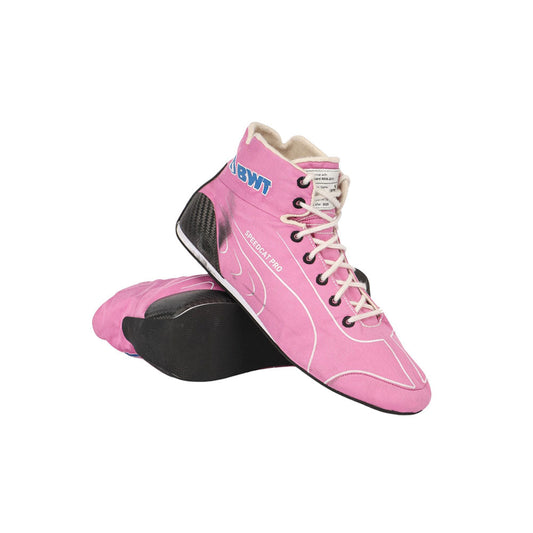 Pink Lance Stroll 2020 F1 race shoes with white laces on a white background