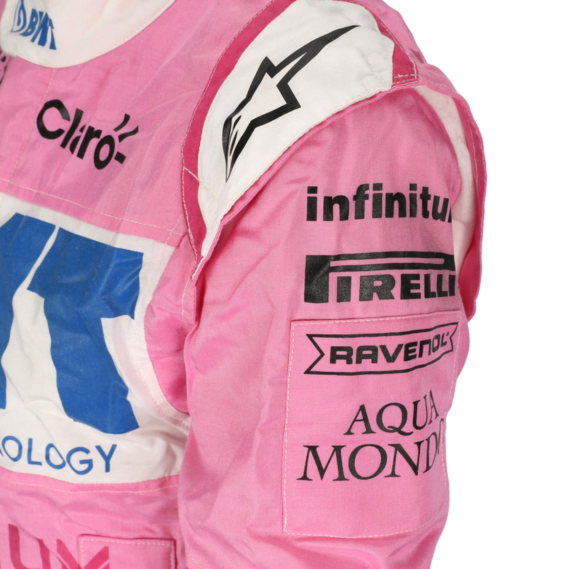 Close up view of shoulder Lance Stroll 2020  F1 suit – sharp image showcasing the bold pink and green color