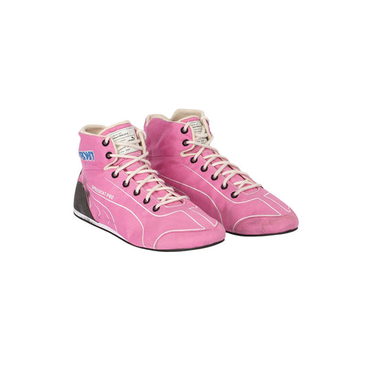 Pink high-top Lance Stroll 2020 F1 race shoes with black accents on a white background