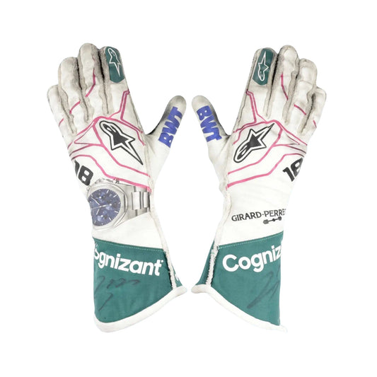 Pair of white Lance Stroll 2021 F1 Race gloves with multiple brand logos on a white background