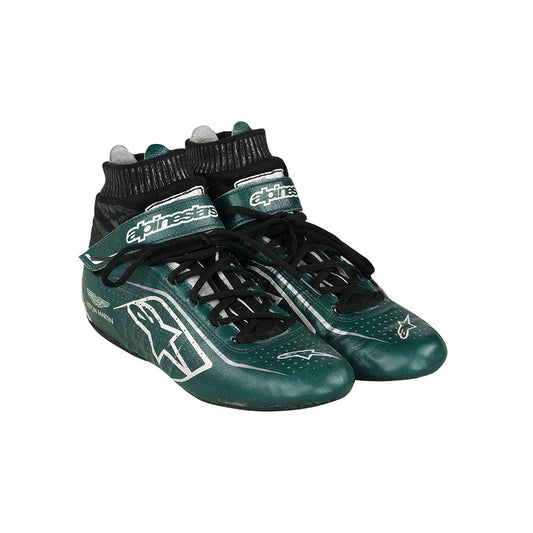 Green Lance Stroll 2021 F1 Race shoes with black accents on a white background