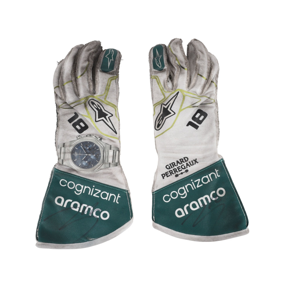 Pair of Lance Stroll 2022 Dutch GP F1 race gloves with sponsor logos on a white background
