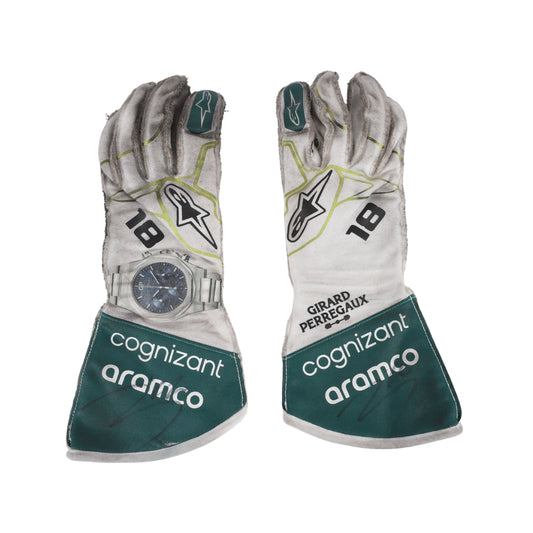 Pair of Lance Stroll 2022 Dutch GP F1 race gloves with sponsor logos on a white background