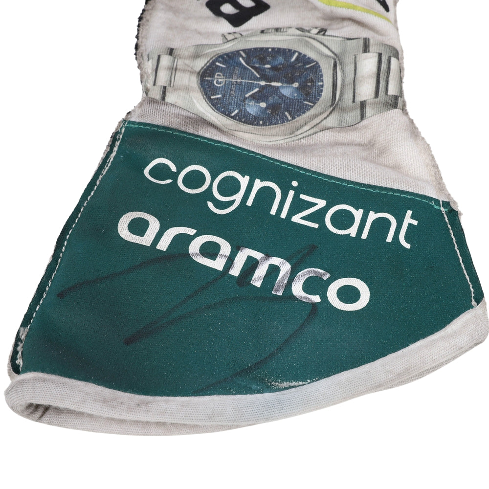 Watch on a Lance Stroll 2022 Dutch GP F1 Race Glove with 'cognizant' and 'aramco' branding