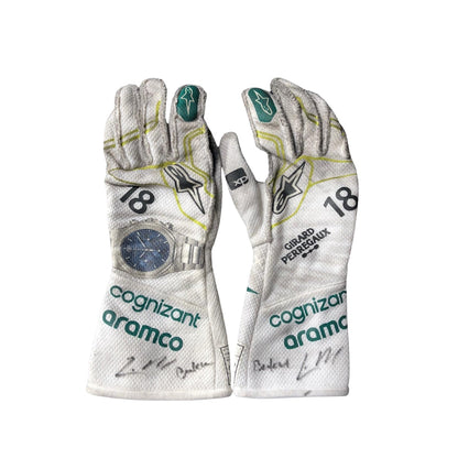 Pair of Lance Stroll 2023 Baku Worn F1 race gloves with sponsor logos on a white background