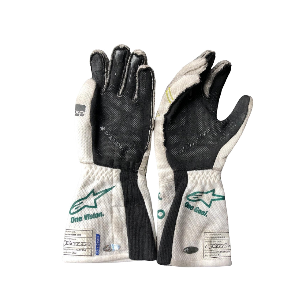 Pair of Lance Stroll 2023 Baku Worn F1 Race Gloves, black and white with visible branding on a white background