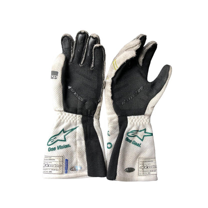 Pair of Lance Stroll 2023 Baku Worn F1 Race Gloves, black and white with visible branding on a white background