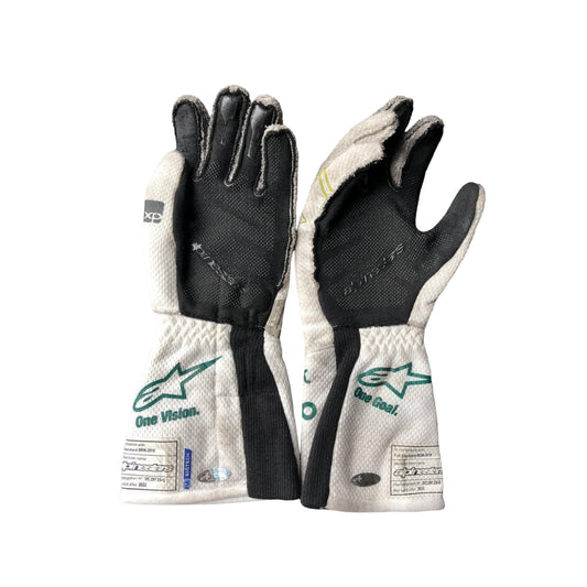 Pair of Lance Stroll 2023 Baku Worn F1 Race Gloves, black and white with visible branding on a white background