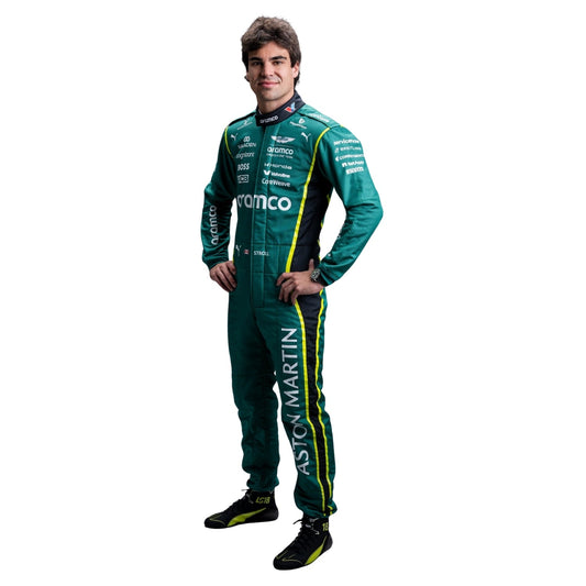 Lance Stroll wearing a Aston Martin racing suit with various sponsor logos with Left View