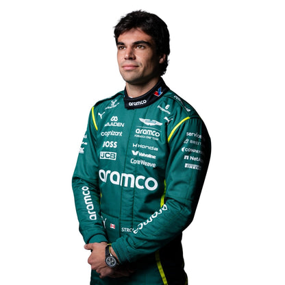 Lance Stroll wearing a Aston Martin racing suit with various sponsor logos with Close View