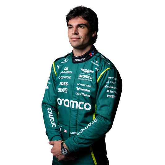 Lance Stroll wearing a Aston Martin racing suit with various sponsor logos with Close View
