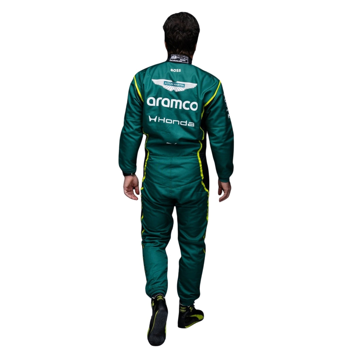 Lance Stroll wearing a Aston Martin racing suit with various sponsor logos with back View